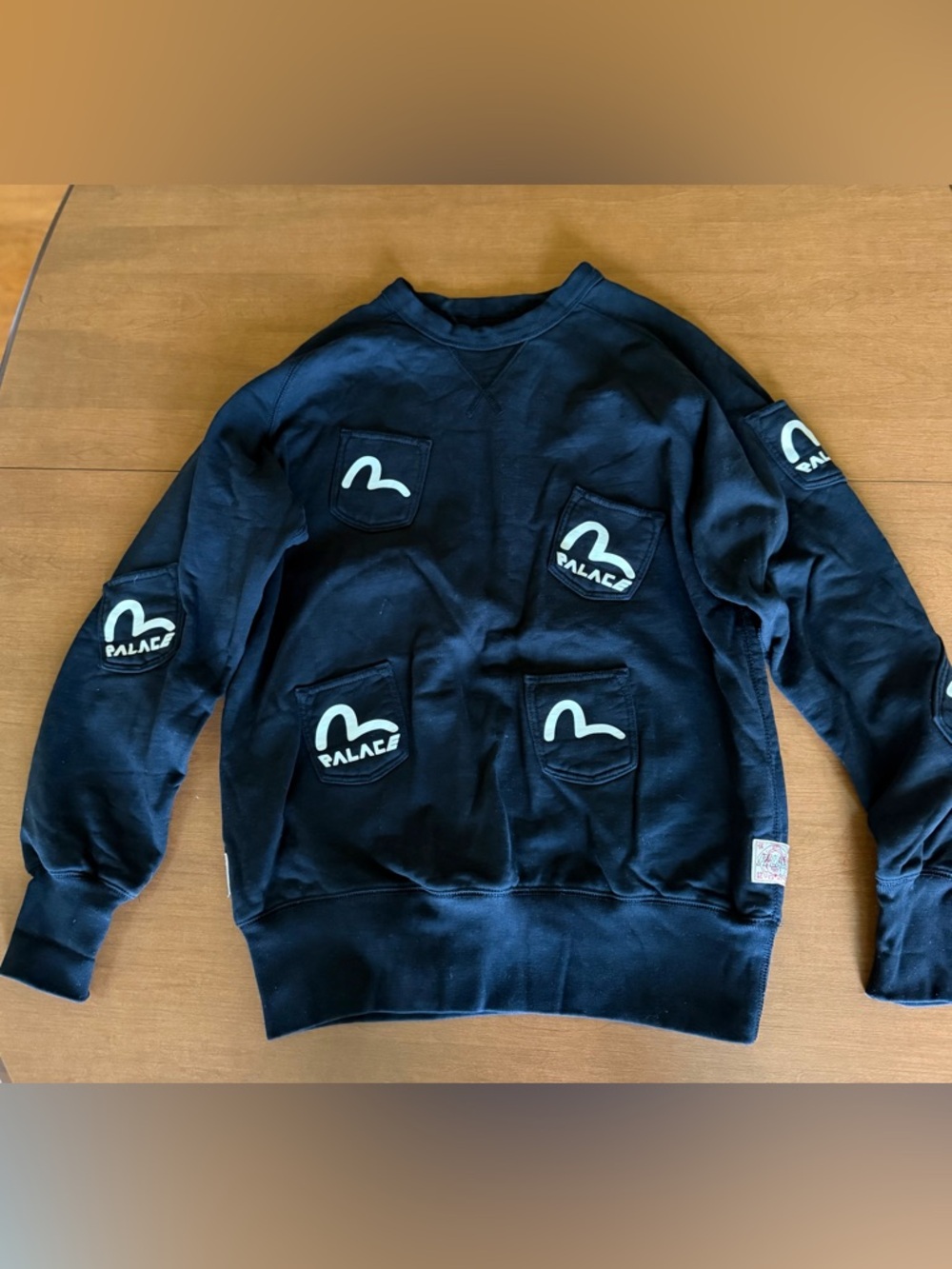 PALACE Black Crewneck Sweater with White Pocket Logos size Medium